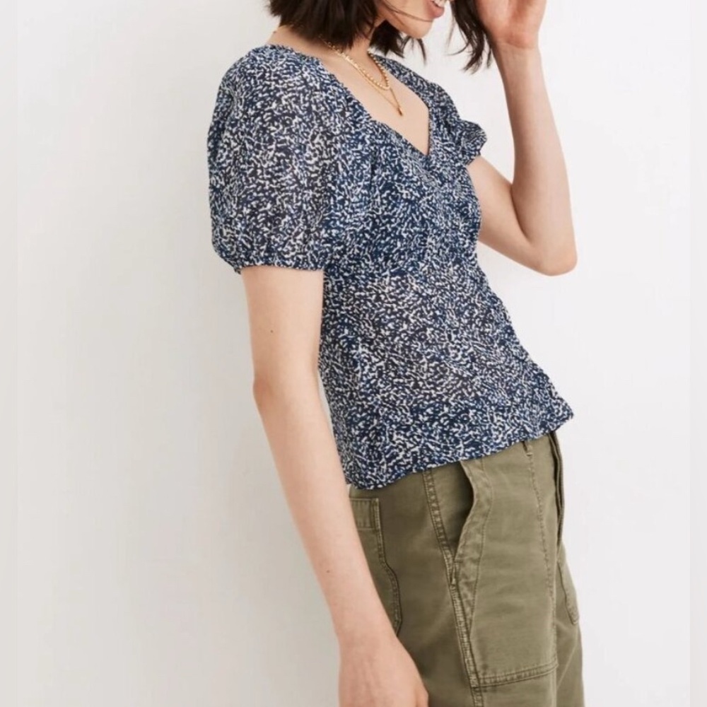 Madewell Blue Indigo Bengali Block-print Chiffon Sweetheart Lined Blouse 2 - Picture 3 of 11